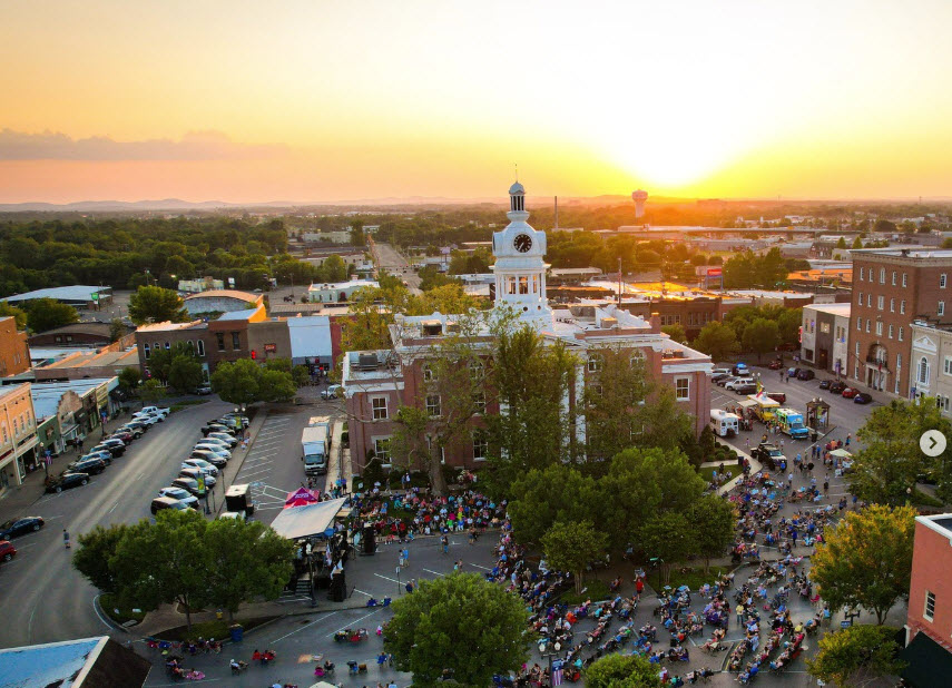 Aerial view of the Murfreesboro courthouse square at sunset
